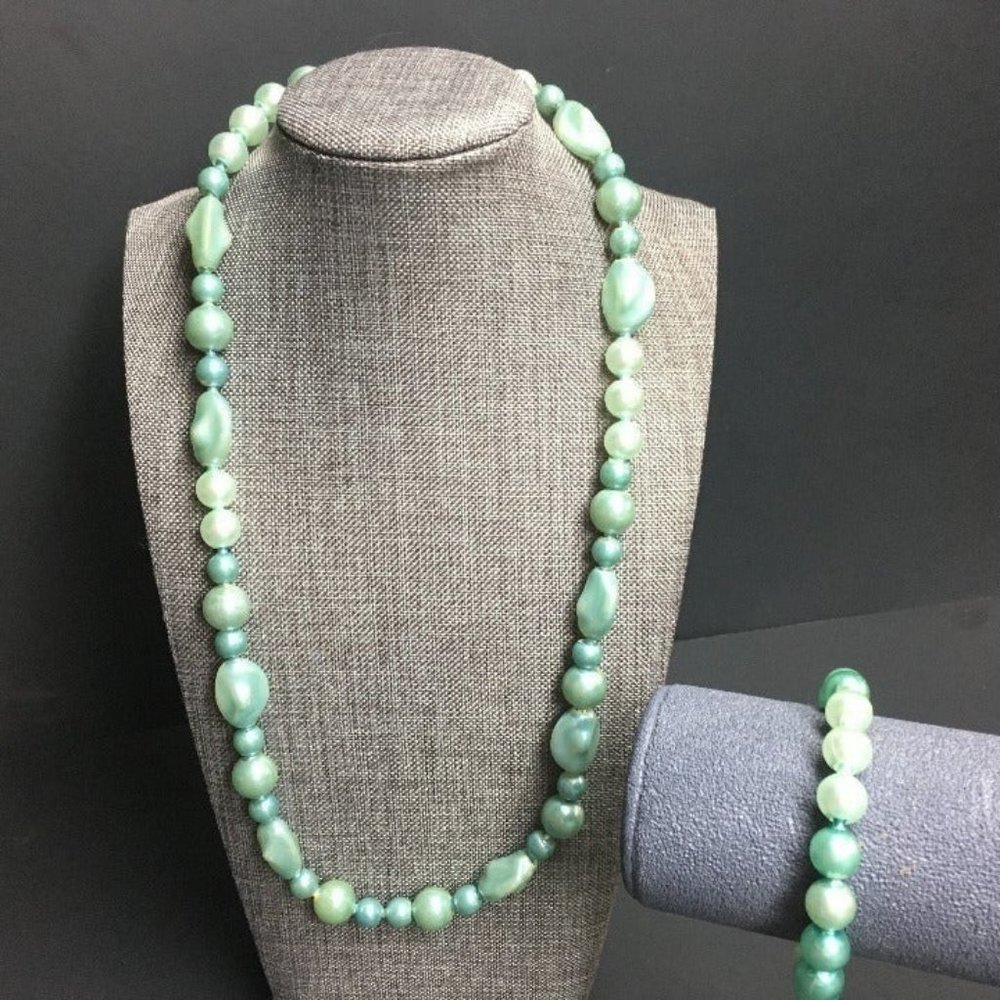 VTG Pop Bead Necklace Bracelet Green Chunky Round Organic Adjustable Retro